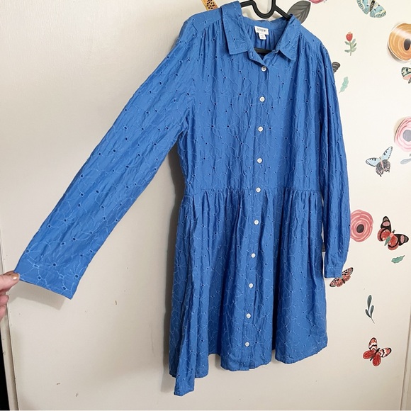 J. Crew Eyelet Blue Long-Sleeve Shirt Dress 10 - Picture 3 of 10